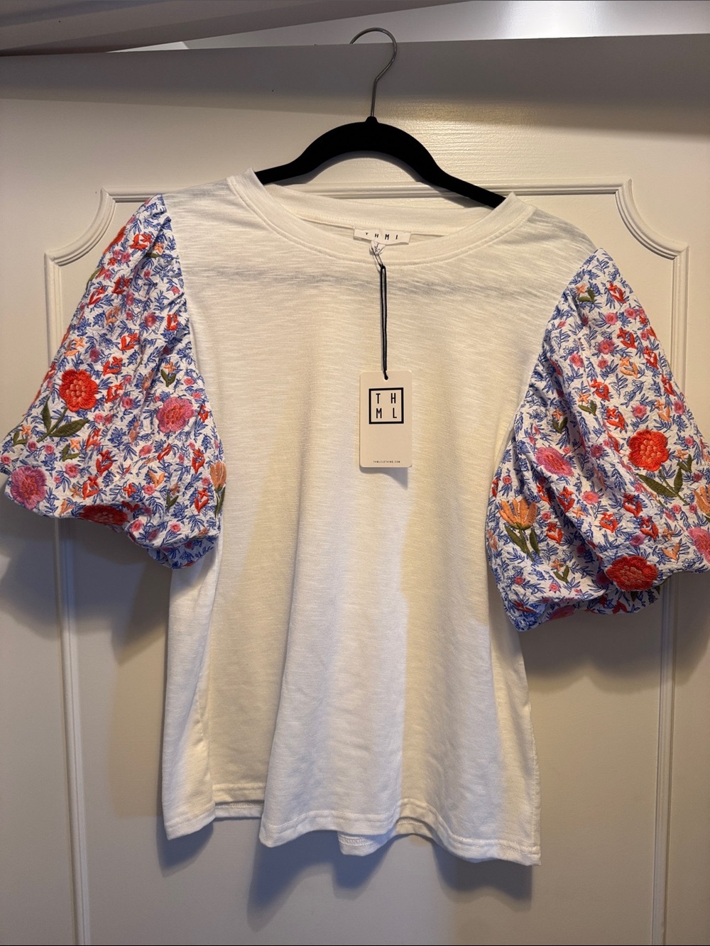 THML White Tee with Embroidered Floral Puff Sleeves